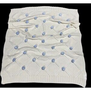 NEW Nwt MUDPIE Ivory Blue PomPoms Baby Blanket 27x42 Cotton KNITTED